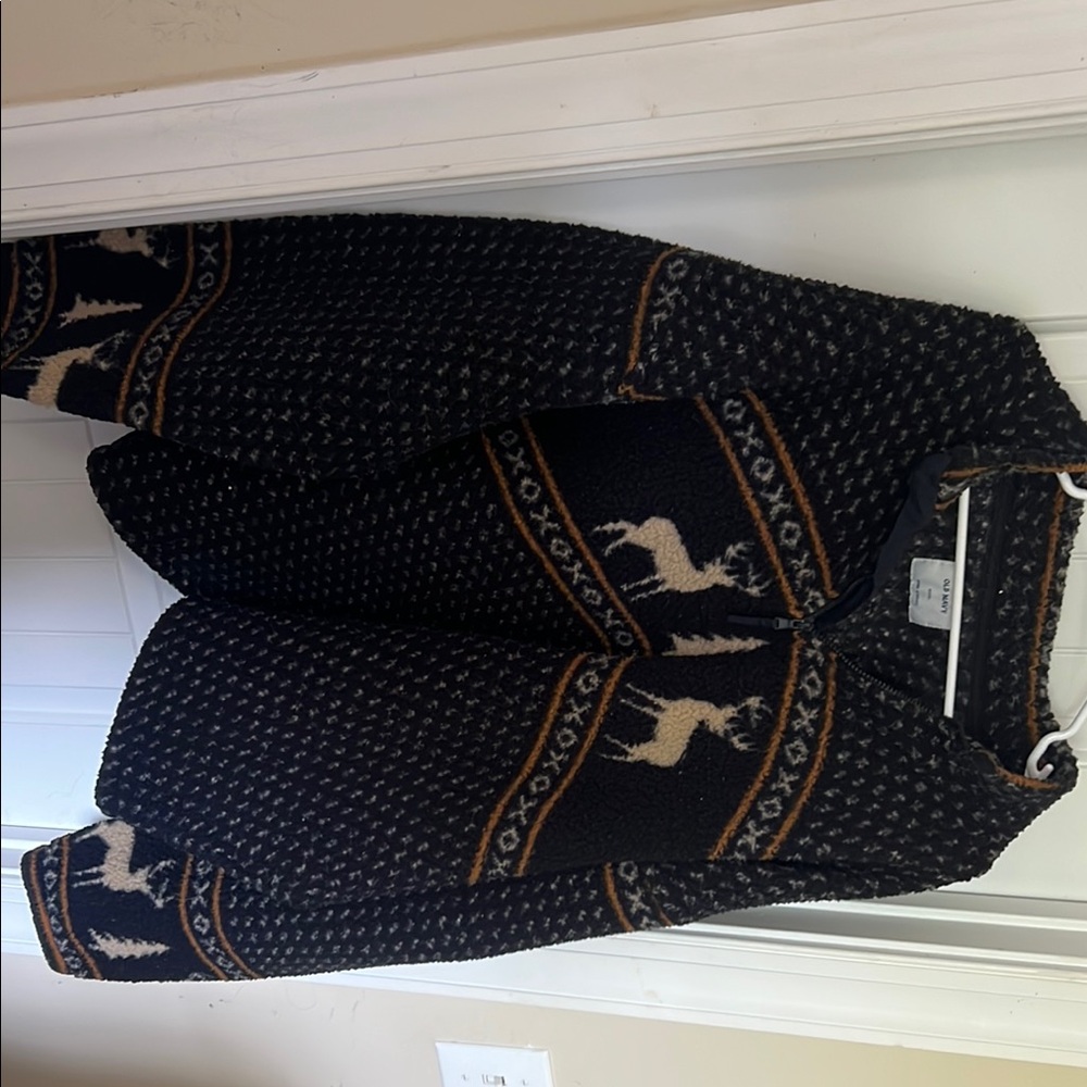 Old Navy Black and Cream Sweater with Deer Pattern
